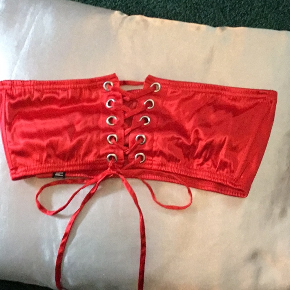 Red satiny-like  lace up bandeau